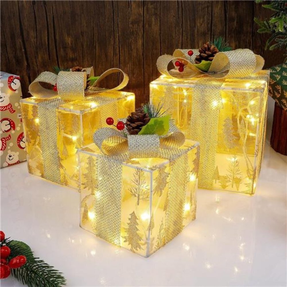 Set of 3 Christmas Lighted Gift Boxes, Pre-lit Xmas Tree Skirt Ornament